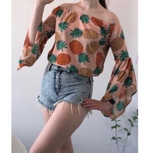 Pineapple novelty print top tropical bell sleeve summer off shoulder peach Small